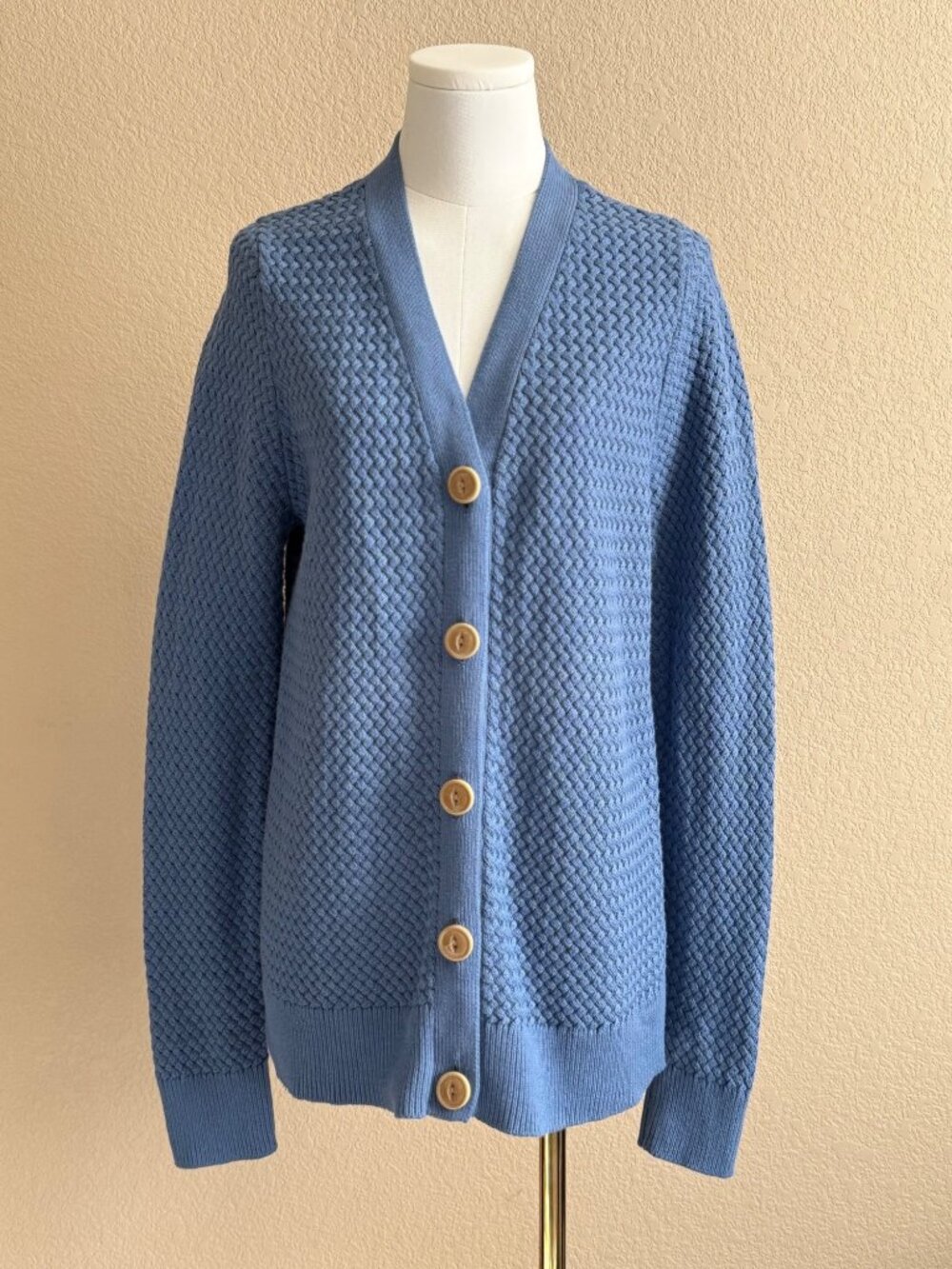 L.L. Bean Women's Basketweave Knit Cardigan Sweater Button Front Blue